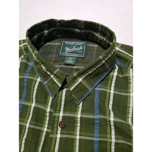 Woolrich Mens XL Plaid Textured Vented Fishing Shirt S/S Button Up Green Striped